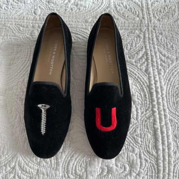 Stubbs & Wootton Screw You (College) Black Velvet Slippers Ladies 7 - Picture 4 of 10